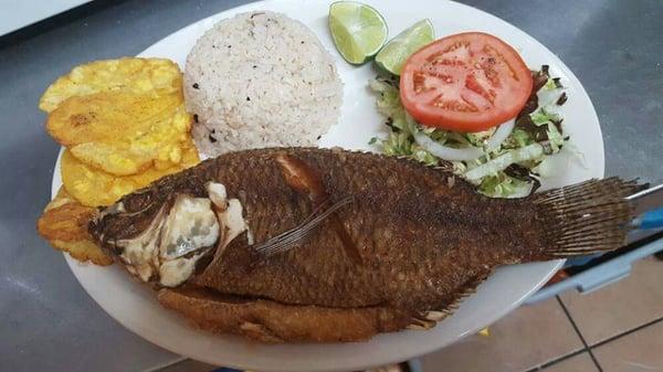 Mojarra frota con arroz coco, ensalada verde y patacones