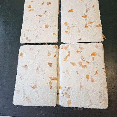 Our newest handmade paper from Nepal with embedded marigold petals. Sheet size 5"x7"