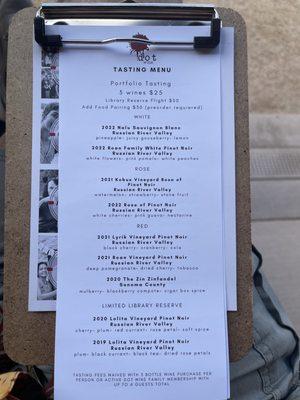 Dot Winery, Bacchus Landing, Healdsberg, CA - Sept. 3, 2023 - wine tasting menu