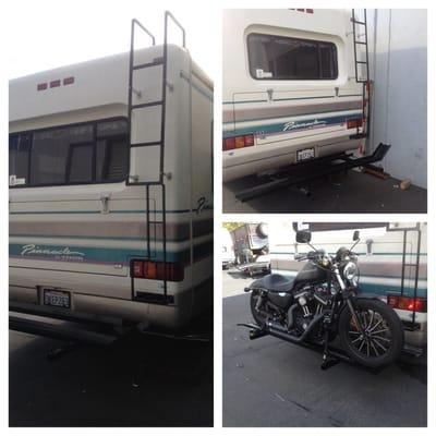 Custom ladder hitch and rack installed on a motorhome