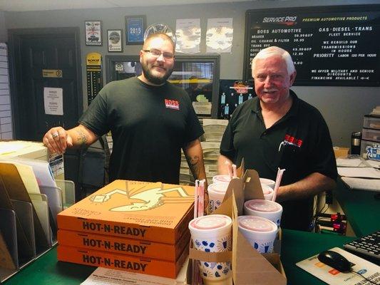 My mechanic and his crew rewarded with pizza and slushes!