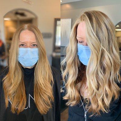 Before/ After
Long layers with face framing volume/ Gray coverage, dimensional highlights and lowlights