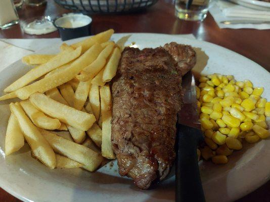 Fries, steak, and corn