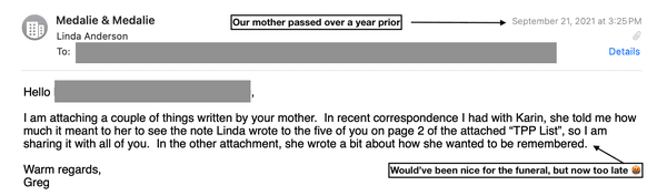 Why was Greg Medalie of Medalie & Medalie holding onto a client's last wishes and not sharing them with her children?