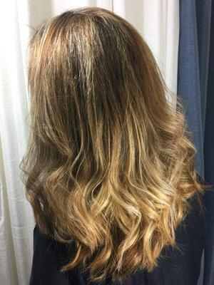 It beautiful Reverse Balayage. Starting point of heavily highlighted hair with 3 inches of dark roots