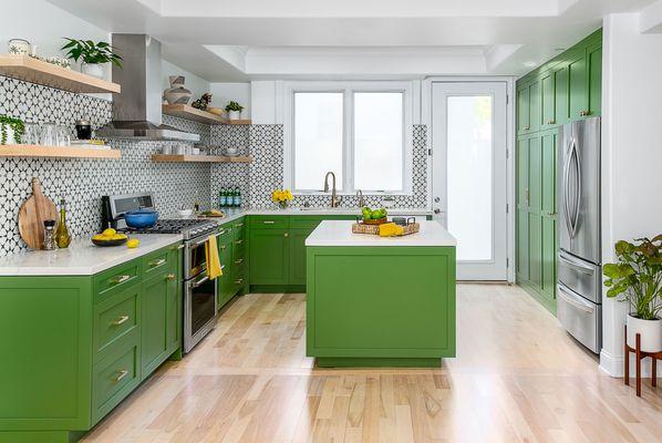 Discover the renovated kitchen in this two-story Pasadena townhome, part of a renovation which includes the living area and upstairs spaces.