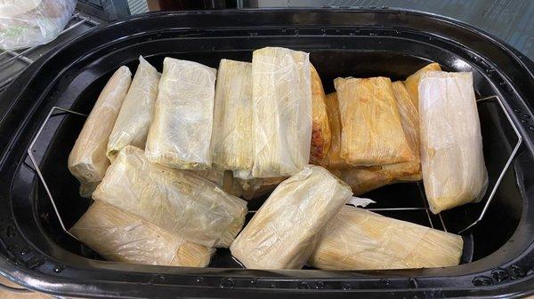 Everyday home made style Tamales.  Chicharron, Red, Green chicken, cheese,  Chicken Mole, Elote "Uchepos" and Pineapple.