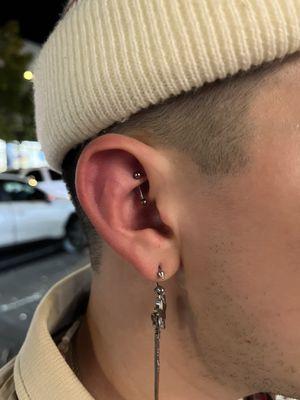 Freshly pierced Rook on right ear