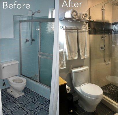 Completed remodeling of an existing bathroom with significant previous water damage.