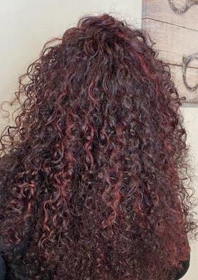 Layered curly hair with mahogany color and highlights done by Terrilynn.