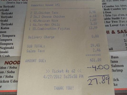 The bill for two came to $27.89, with a $4 discount coupon. (We have plenty of leftovers.)