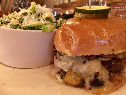 Woodlands burger (mushroom ragout, truffled Parmesan aioli, Swiss) & side Caesar