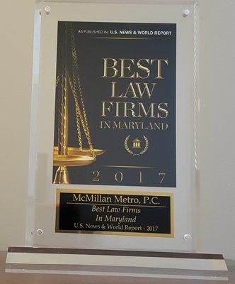 McMillan Metro, P.C. was recognized in "Best Law Firms in Maryland", US News and World Report, 2017.