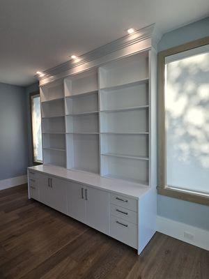 Custom office wall unit Margo Brown Interiors and ABV Wood and Design Corp right