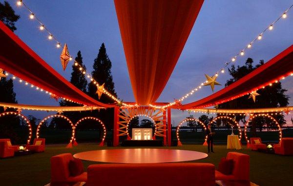 Carnival Outdoor Party, Market Lights, LED Lighting, Fabric Ceiling Treatment, Dance Floor Rental