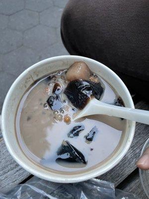 Grass Jelly 3 with taro balls, Mung Beans, and sago with half and half added