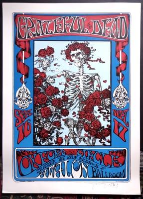 One of the most classic Grateful Dead concert posters, the FD 26, skeleton and roses.