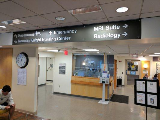 Signs near the front of the hospital