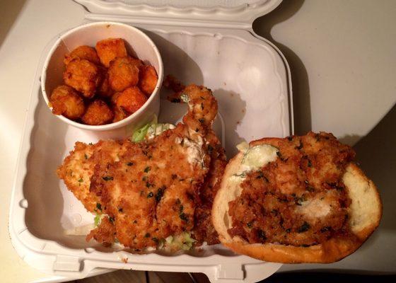 Chicken feather sandwich with sweet potato tots. Not impressed.