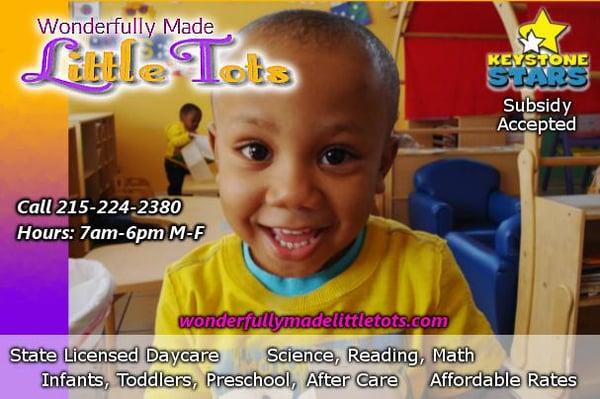 State Licensed Daycare. Infants, Toddlers, Preschool, After Care Programs. Affordable Rates. Subsidy. (215) 224-2380