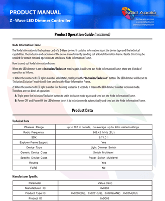 Datasheet page specifying for the LT-ZW-01 that the Radios Frequency for Z-Wave is running at 868.42 MHz (the EU utilized Z-Wave frequency)