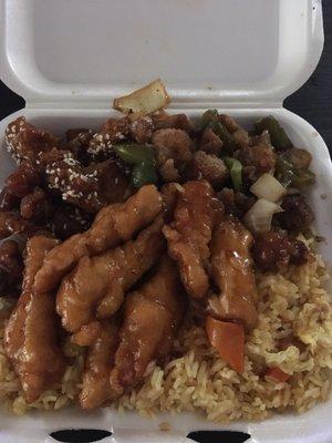 General Tsos Chicken, Spicy Chicken, Sesame Chicken, and rice.