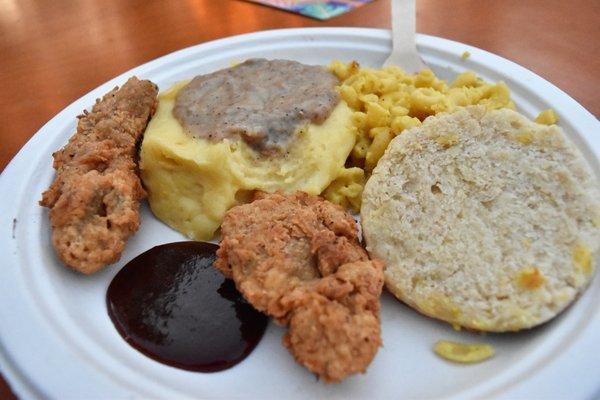 Vegan southern plate (fried chicken, biscuits and gravy, mac and cheese)