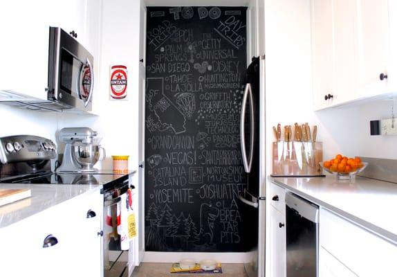 Project example: a beautiful kitchen starts with well organized cabinets. A chalkboard wall and other accessories make it fun.