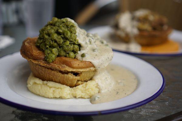 Steak & Shiraz with Minty Mushy Peas, Roasted Garlic Mash and Creamy Thyme Gravy