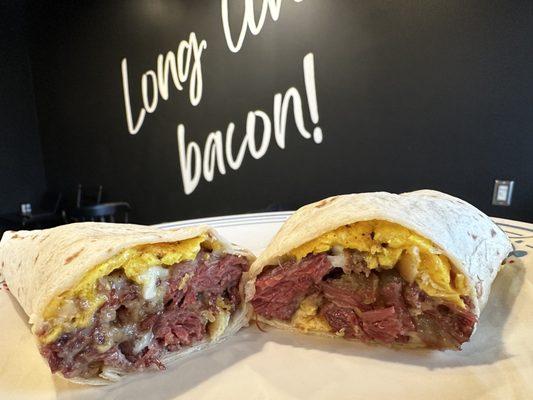 Kilkenny wrap. Homemade corned beef hash, scrambled egg, onions, garlic, potatoes and cheese.