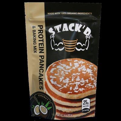 STACK'D KokoNut Protein Pancakes - 25 grams of Protein per serving.  230 calories.  Made with 100% organic ingredients.