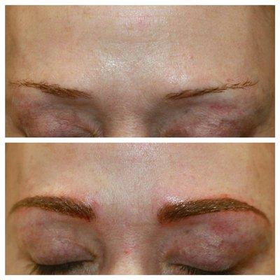 The red around the post-procedure brows is from marker and will wash off.