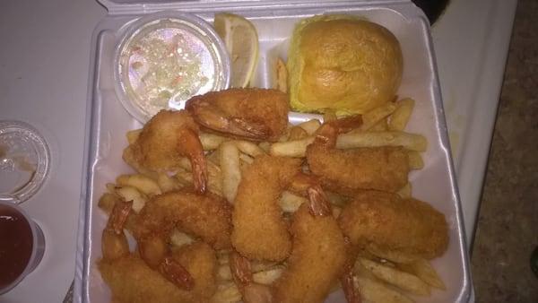 Fried Shrimp Platter $10. 8 huge shrimp,  a roll,  fries,  and coleslaw.