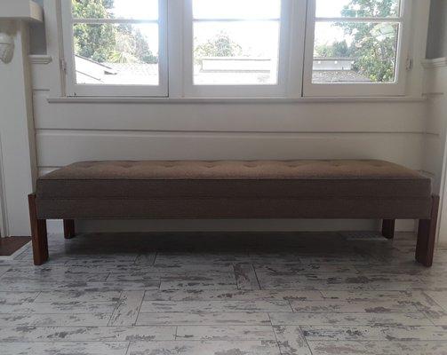 A bench we reupholstered for a fantastic client of ours with custom tufting and piping detail.