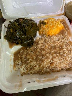 Rice with gravy, collard greens and Mac & Cheese