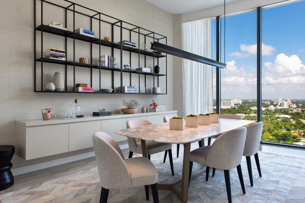 Dining area with a library feel