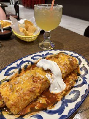 Carnitas burrito and a Cadillac margarita