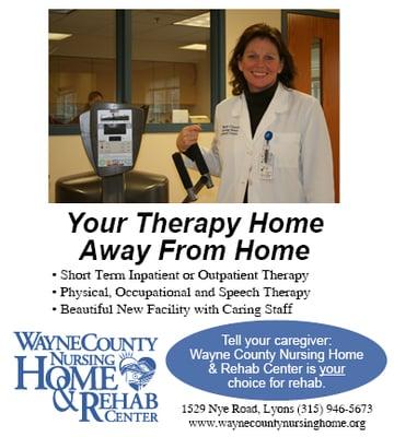 Return home faster with skilled therapy in our beautiful rehab facility. Recovering from surgery or hospital stay? Call for information!