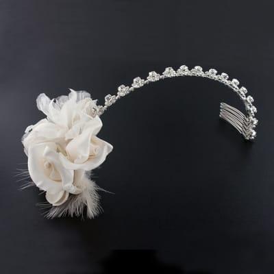 Silk flower headband with feather, on crystal band.