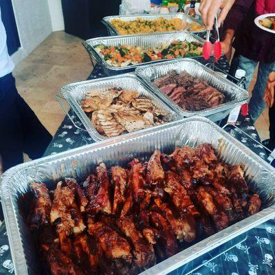 Ribs, London Broil, Chicken, Yellow Rice, Roasted Vegetables