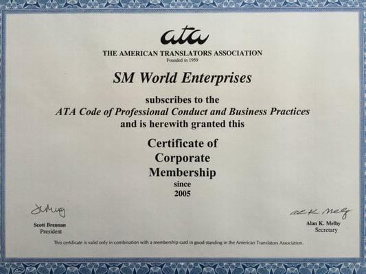 Proud member of the ATA (American Translators Association) since 2005