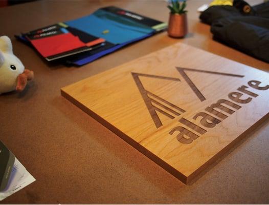 Our awesome Alder etched sign (from Tinkering Monkey!)