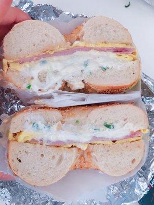 Ham egg scallion cream cheese on garlic bagel!