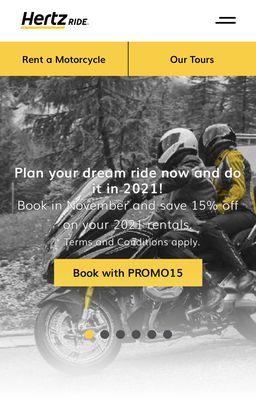 Book your premium motorcycle rental for 2021 now and save 15% at Hertzride.com.