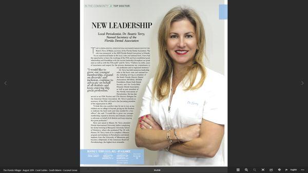 Dr. Terry was featured as a New Leader in The Florida Villager. She was elected Secretary, Florida Dental Association June 2019. Congrats!