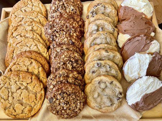 New cookie platters. Choose from peanut butter, oatmeal raisin, chocolate chip or black and white.