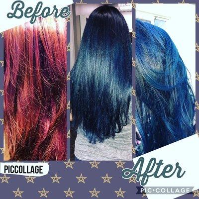 Transformation from faded out red to black and blue