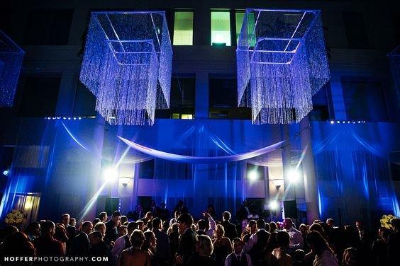 Our signature chandeliers and drape design for The Atrium at The Curtis Center