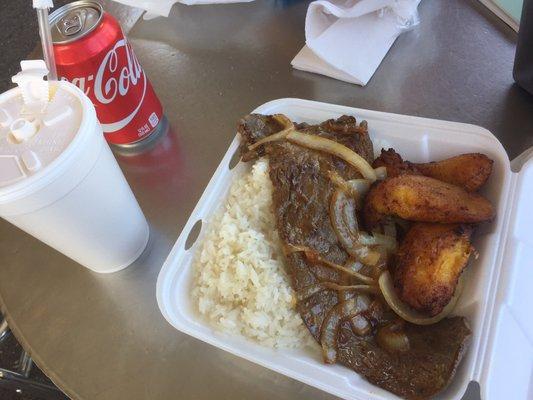 Busted with white rice and sweet plantains, Coke and mango shake. DELISH!