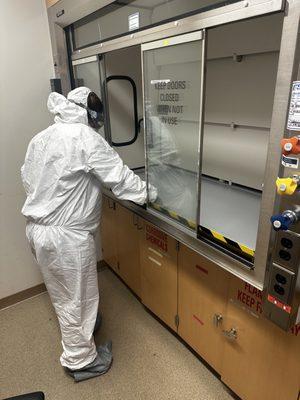 Cleaning, chemical, fume, hoods one should wear proper, personal protective, garments, and respirators.